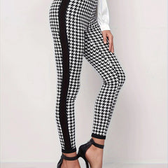  Houndstooth & Striped Print Leggings Medium Stretch Slim Fit