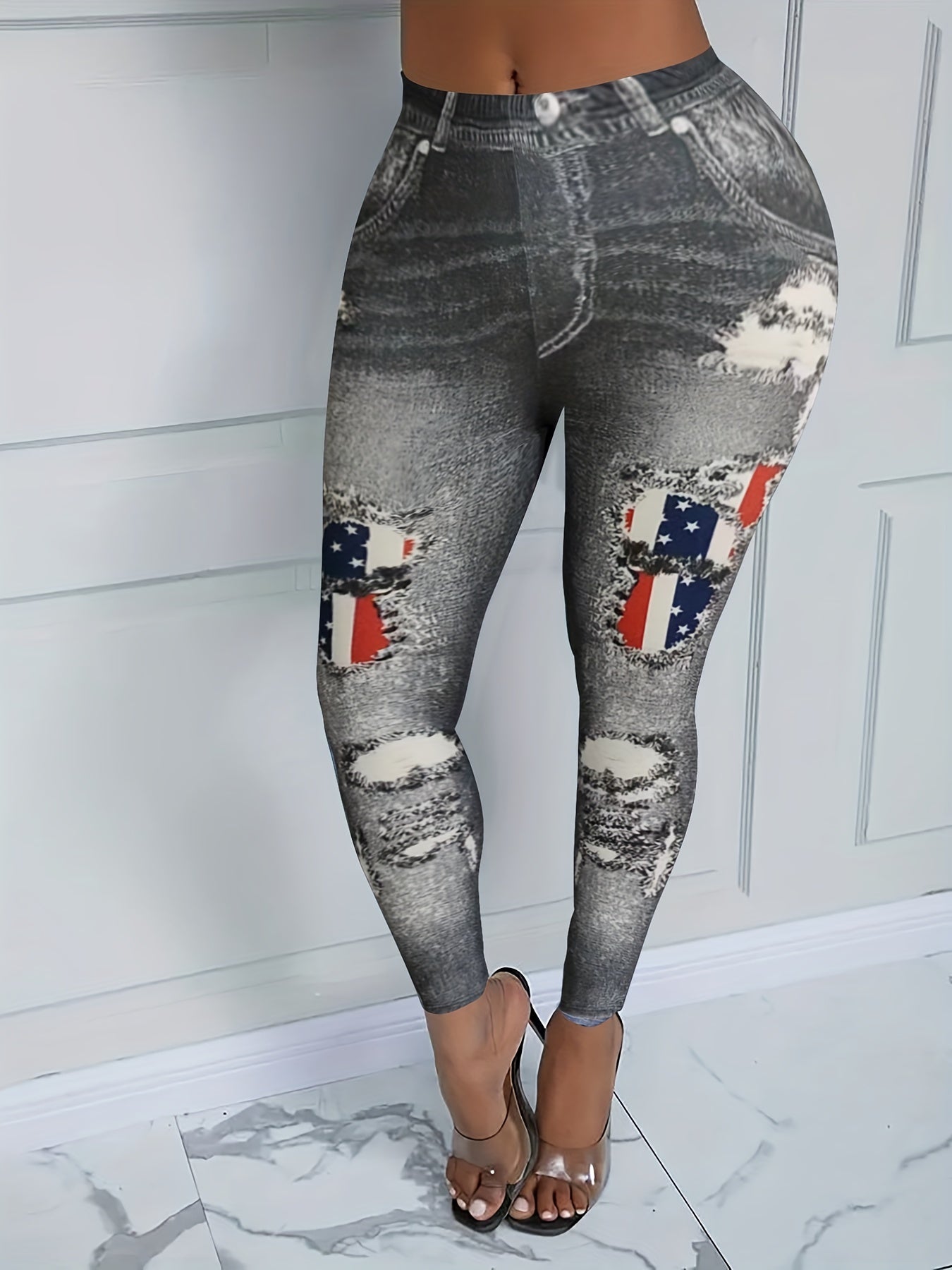  Denim Print High Rise Skinny Leggings