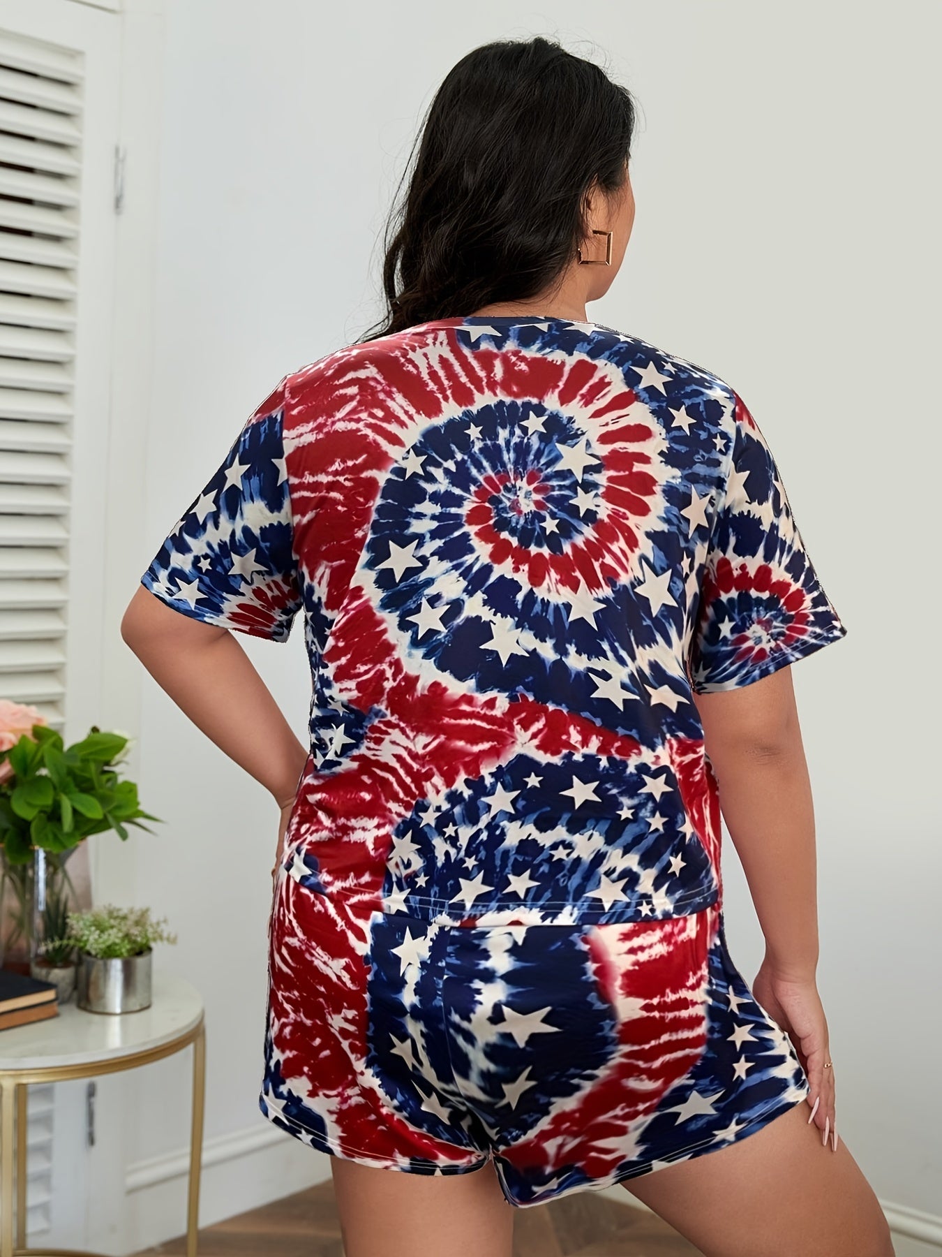  Tie Dye Flag Print Tee & Shorts Pajama Set