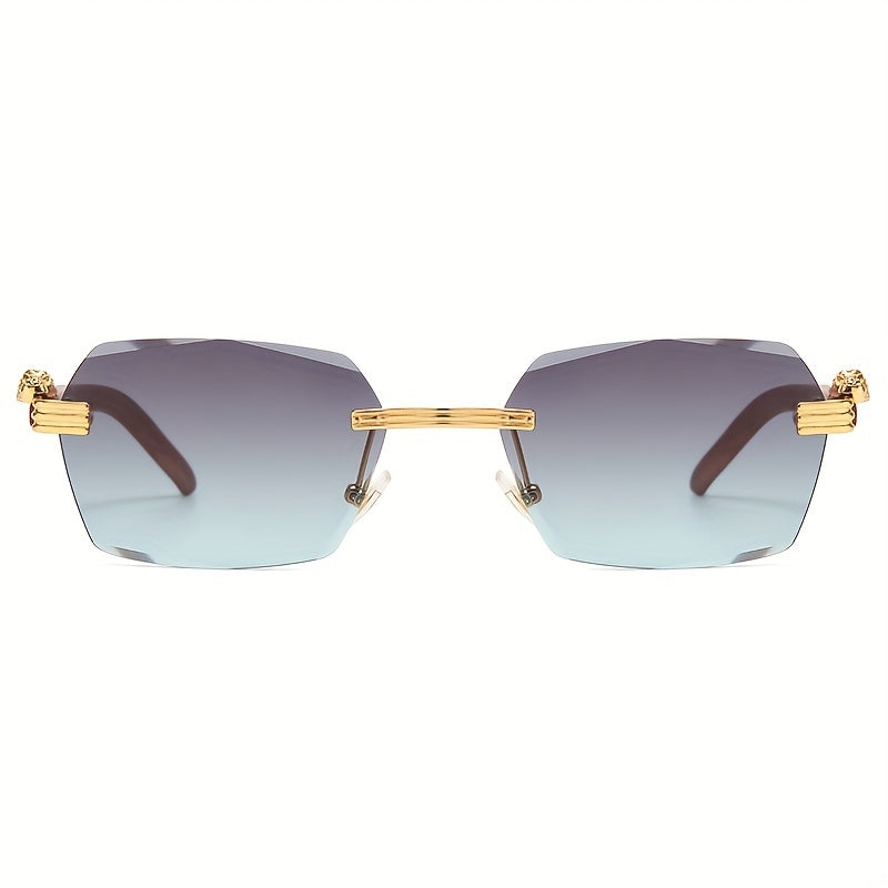 Men's Wood Print Leopard Head Rimless Sunglasses Square Frame Glasses