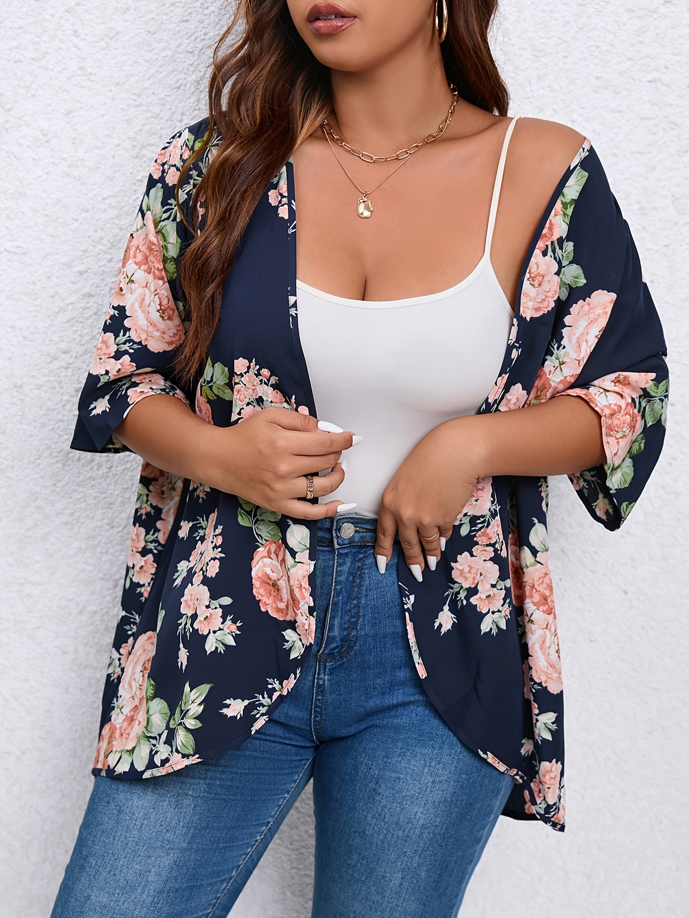  Floral Print Open Front Coat
