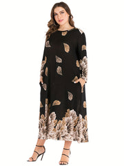  Leaf Print Maxi Dress Long Sleeve Round Neck Loose Fit