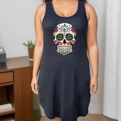  Gothic Loungewear Dress Women's Floral Skull Print Tank Nightdress
