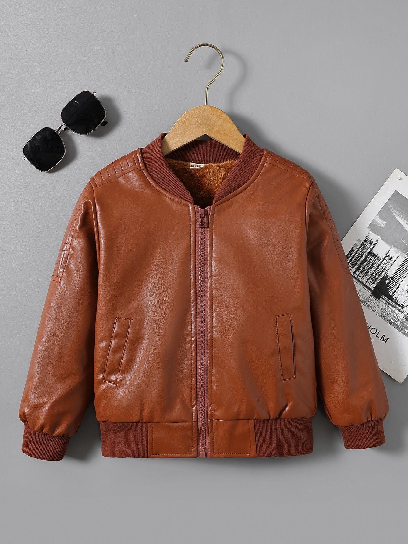 Boys Fleece Zipper Leather Jacket