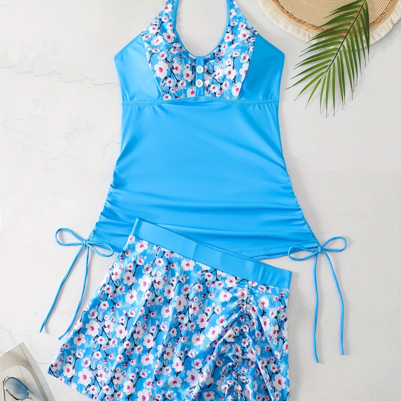 Modest Tankini Set Women's Plus Floral Print Button Decor Lace Up Halt