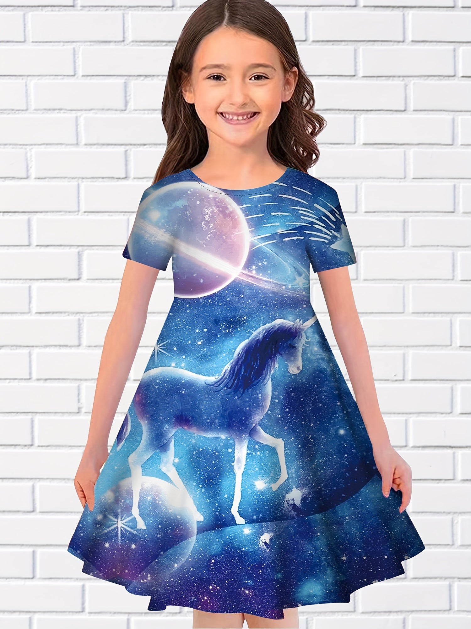 Girls 3D Unicorn Moon Graphic Short Sleeve Dress