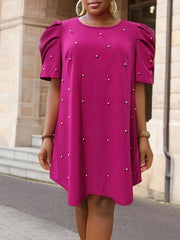  Solid Faux Pearl Puff Sleeve Mini Dress