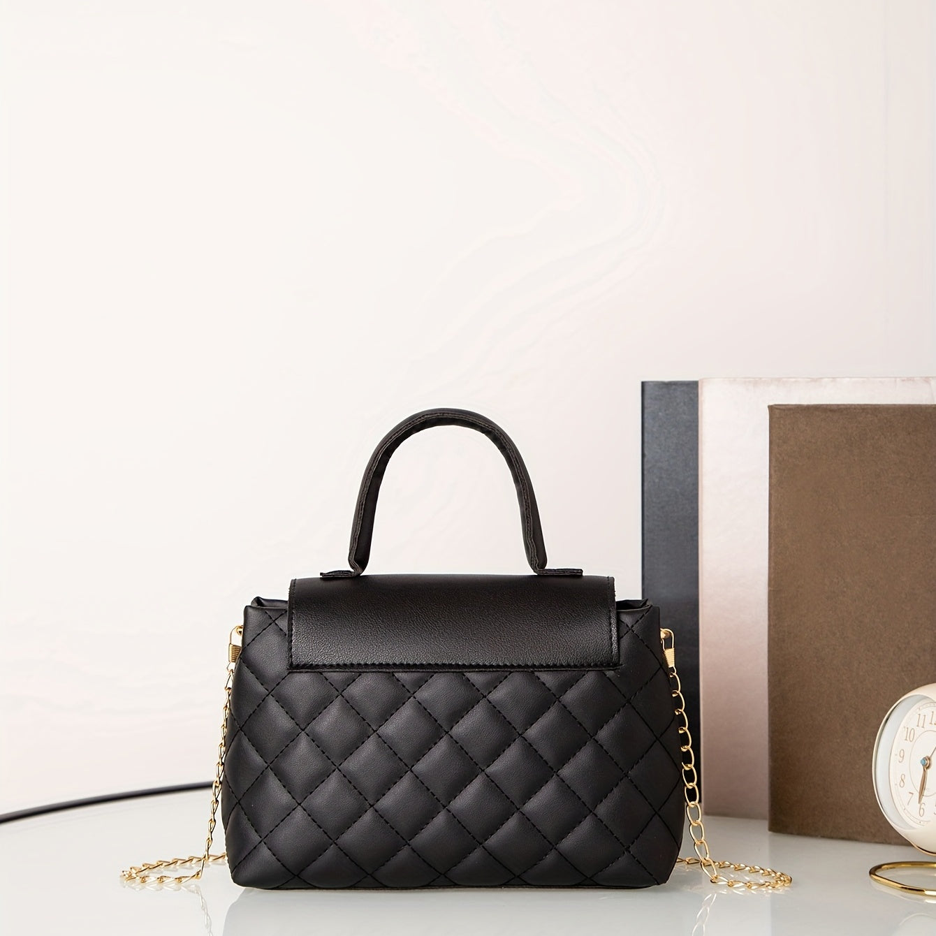 Quilted Plaid Chain Crossbody Bag Portable Handle PU Leather Classic Handbag