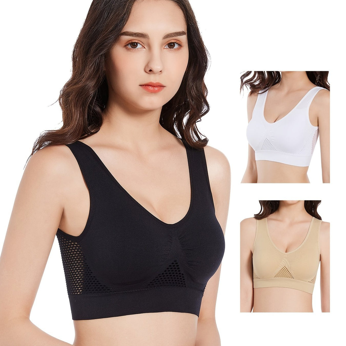 3 Pcs Mesh Sports Bra Seamless V-Neck Sexy Cropped Tops Women's Activewear