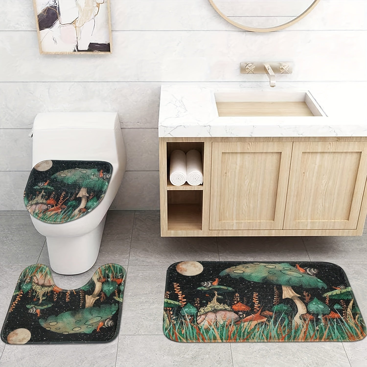 3pcs Bathroom Set with Mushroom Pattern Shower Curtain and Non Slip Bath Rug