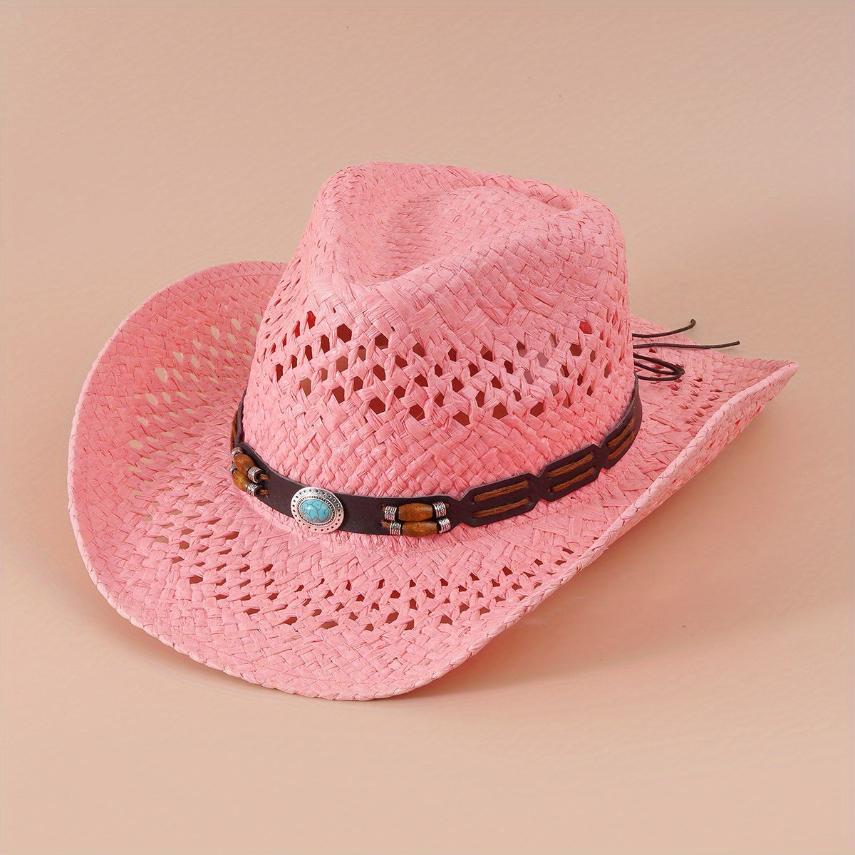 Western Cowboy Straw Hat With Large Wood Beads Turquoise Leather Belt