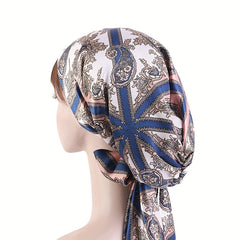 Flower Print Silk Bonnet Lace Up Head Scarf Night Cap Chemo Hat