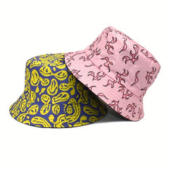 Flame Print Reversible Bucket Hat Cartoon Casual Basin Hat