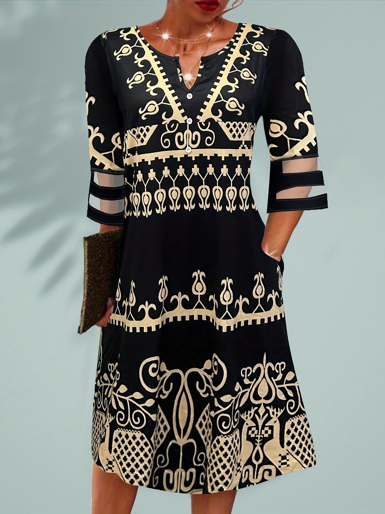  Boho Dress Women's Mesh Half Sleeve Notched Neck Dress With Pockets