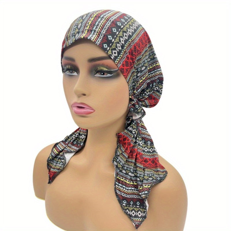 Boho Rhombus Print Head Wrap Elastic Turban Cap Lightweight Beanie