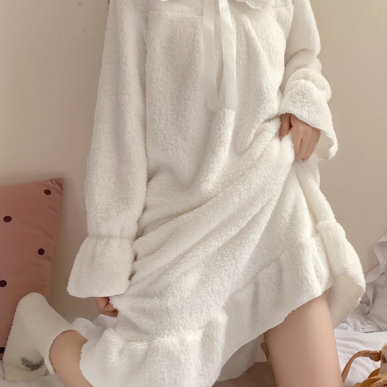 Fuzzy Ruffle NightDress Long Sleeve Bow Pajama Dress Women's Sleepwear