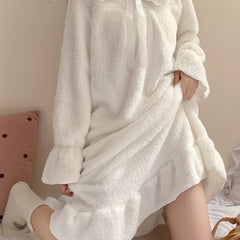 Fuzzy Ruffle NightDress Long Sleeve Bow Pajama Dress Women's Sleepwear