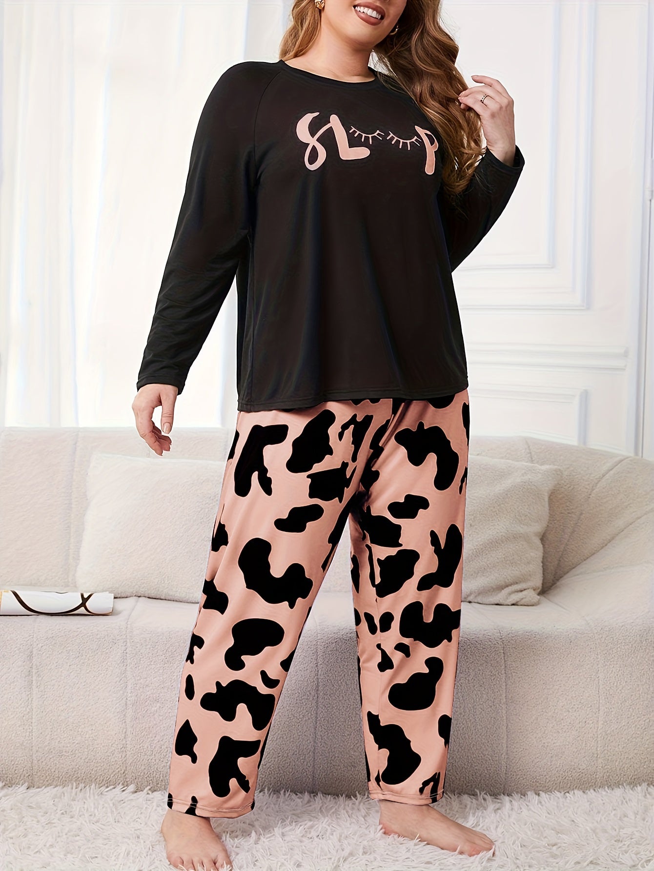  Eyelash & Cow Print Tee & Pants Pajamas Set