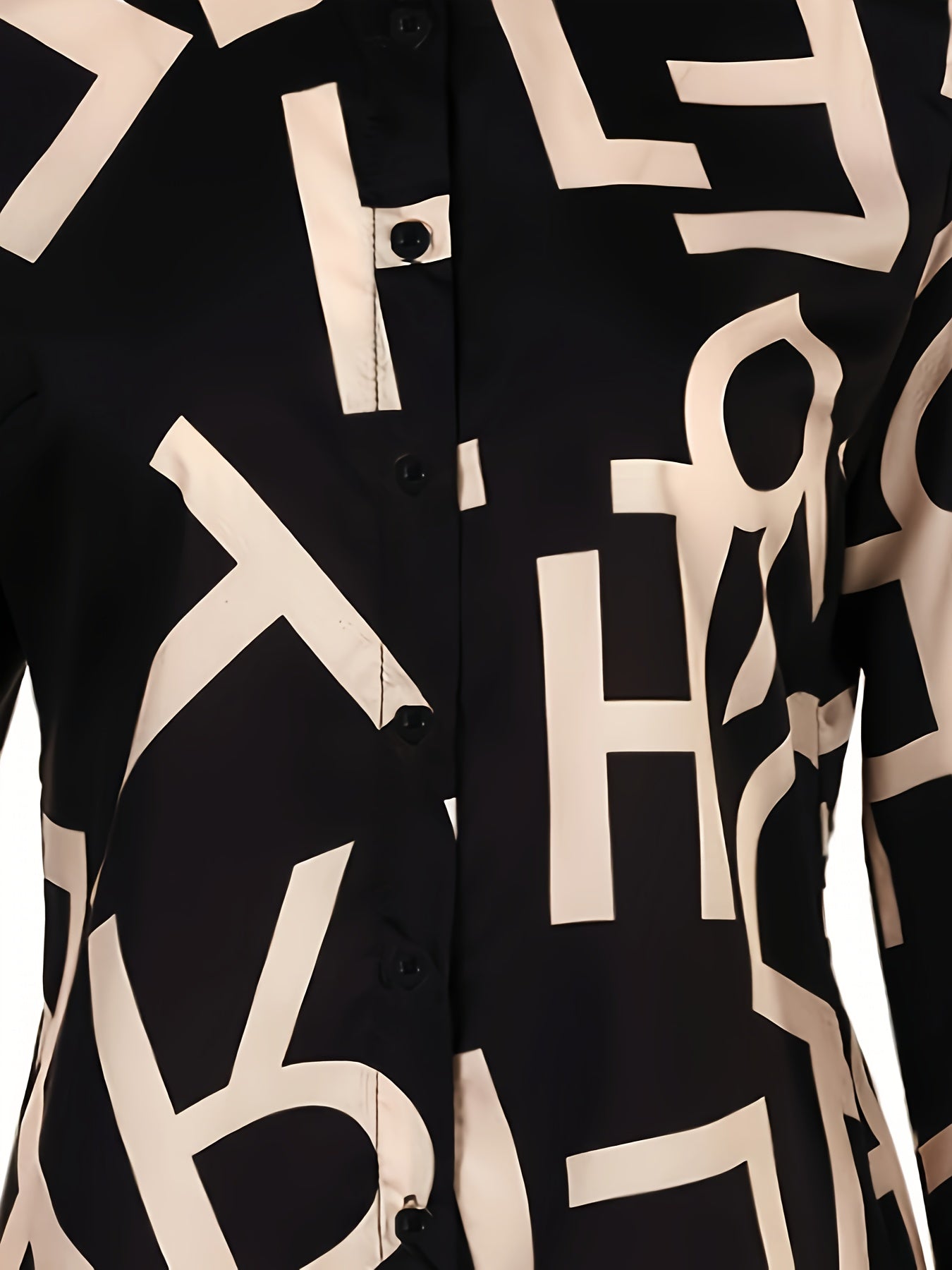  Letter Print Button Up Long Sleeve Blouse