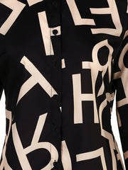  Letter Print Button Up Long Sleeve Blouse