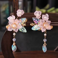 Hanfu Headdress Hairpin Flowers Leaves Faux Pearl Tassels Ancient Style