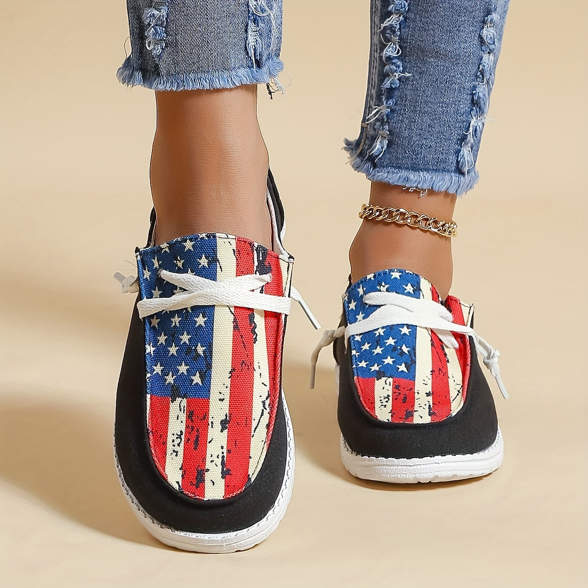 Women's Flag Pattern Canvas Lace Up Low Top Flat Loafers