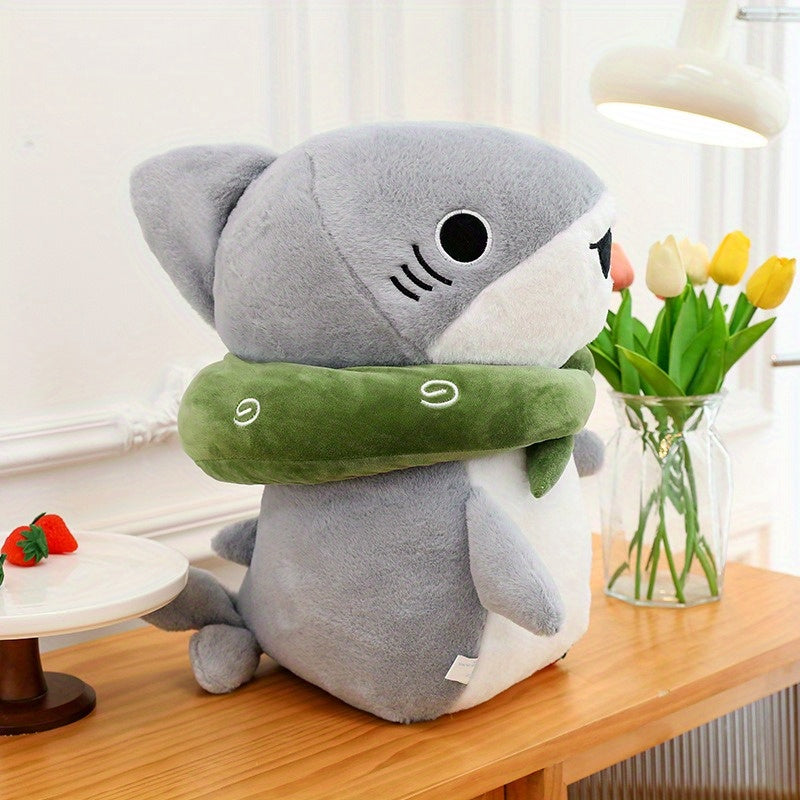 Plush Shark Green Scarf Soft Grey Ugly Stuffed Animal Desktop Sofa Decor