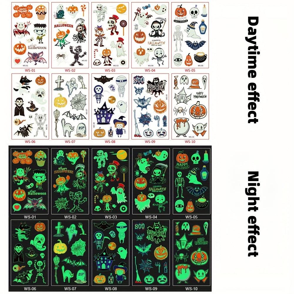 10pcs Halloween Glow Stickers Cartoon Face Temporary Tattoo