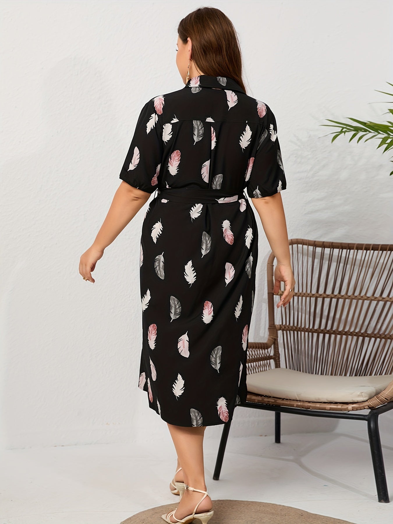 Feather Print Short Sleeve Button Up Shirt Dress