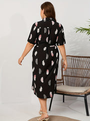 Feather Print Short Sleeve Button Up Shirt Dress