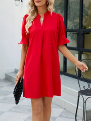  Pleated Puff Sleeve Notched Neck Summer Dress
