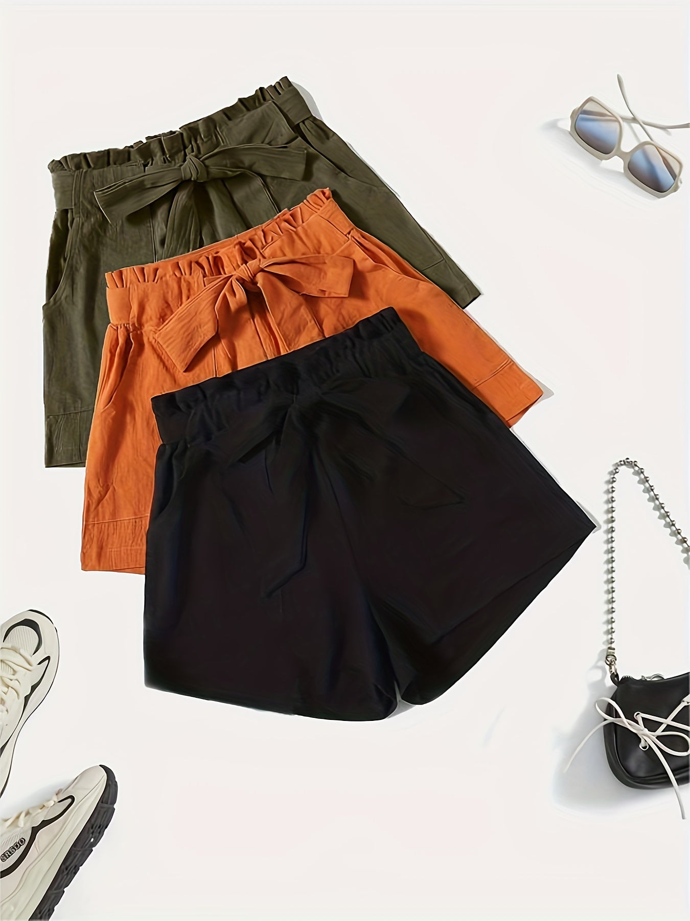 3 Pack Women's Plus Size Elastic Belted Shorts Set