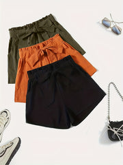 3 Pack Women's Plus Size Elastic Belted Shorts Set