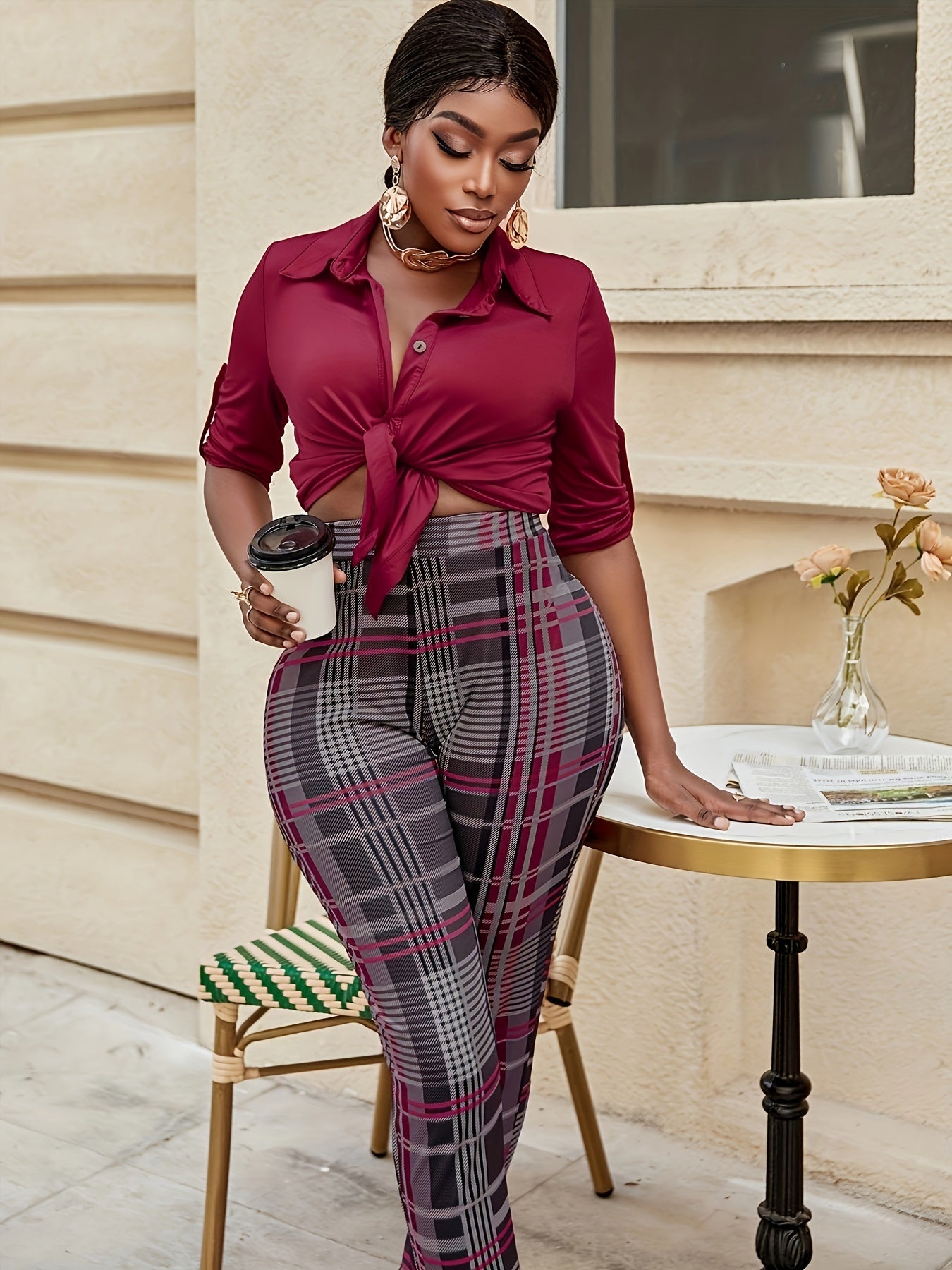 Plaid Print Retro Skinny Suit Pants Women's Casual Trousers