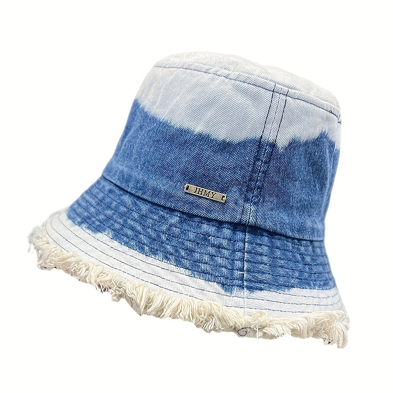 Gradient Washed Denim Bucket Hat Vintage Frayed Brim Tie Dye Sunshade Cap