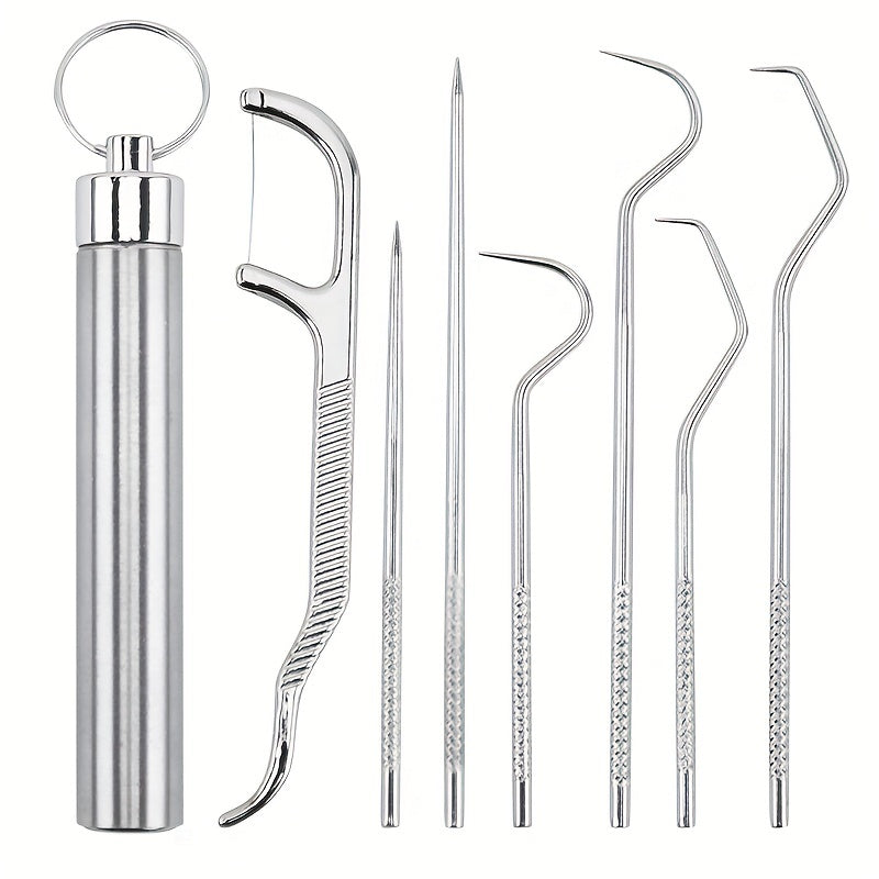 Stainless Steel Toothpick Set Dental Floss Tooth Remover Key Chain Cylinder