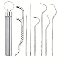 Stainless Steel Toothpick Set Dental Floss Tooth Remover Key Chain Cylinder