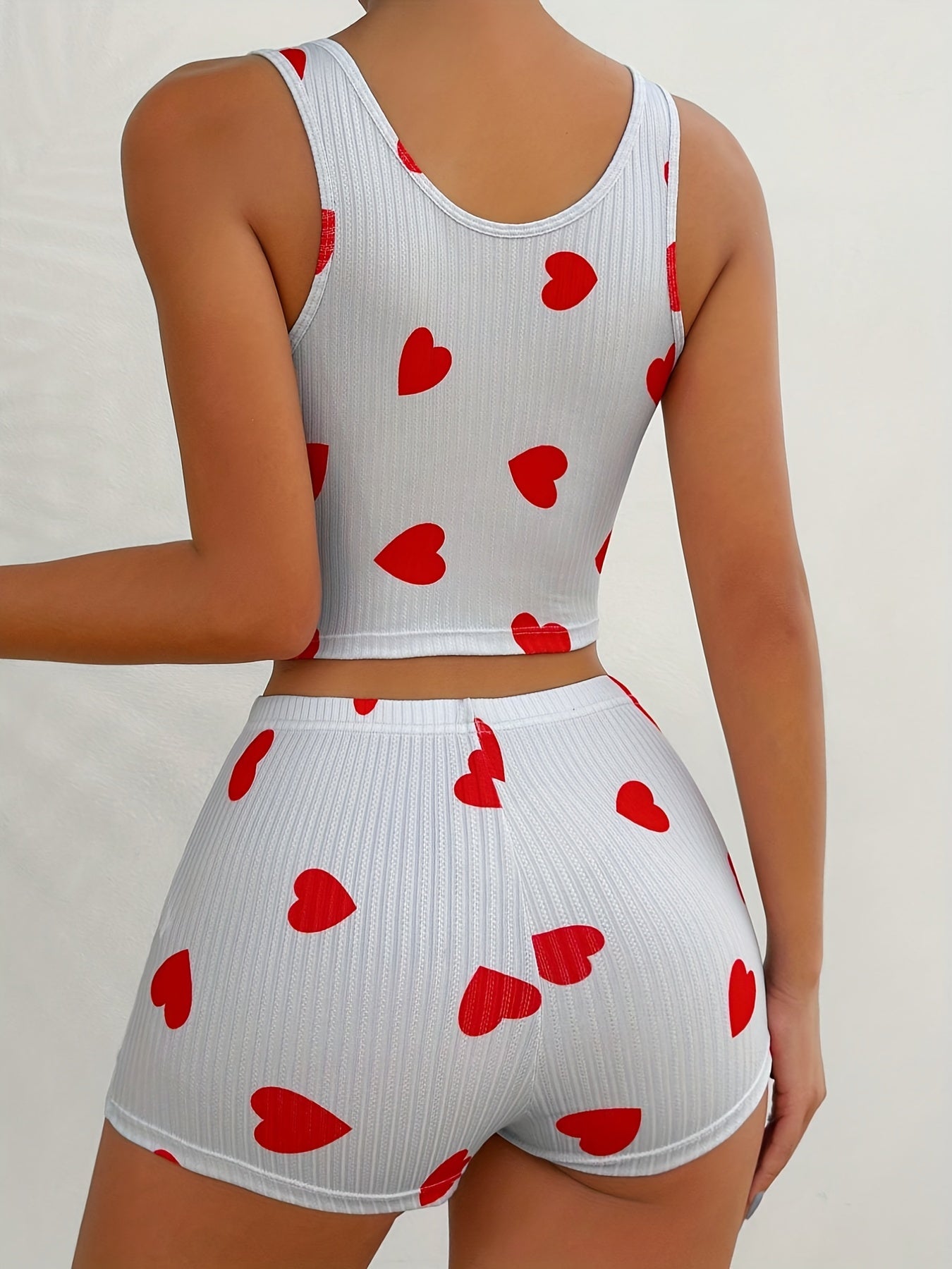 Heart Print Pajama Set Crew Neck Tank Top & Lace Up Shorts Women's Sleepwear