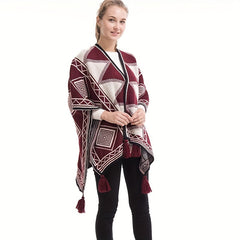 Geometric Pattern Shawl Large Warm Tassel Shawl Wrap