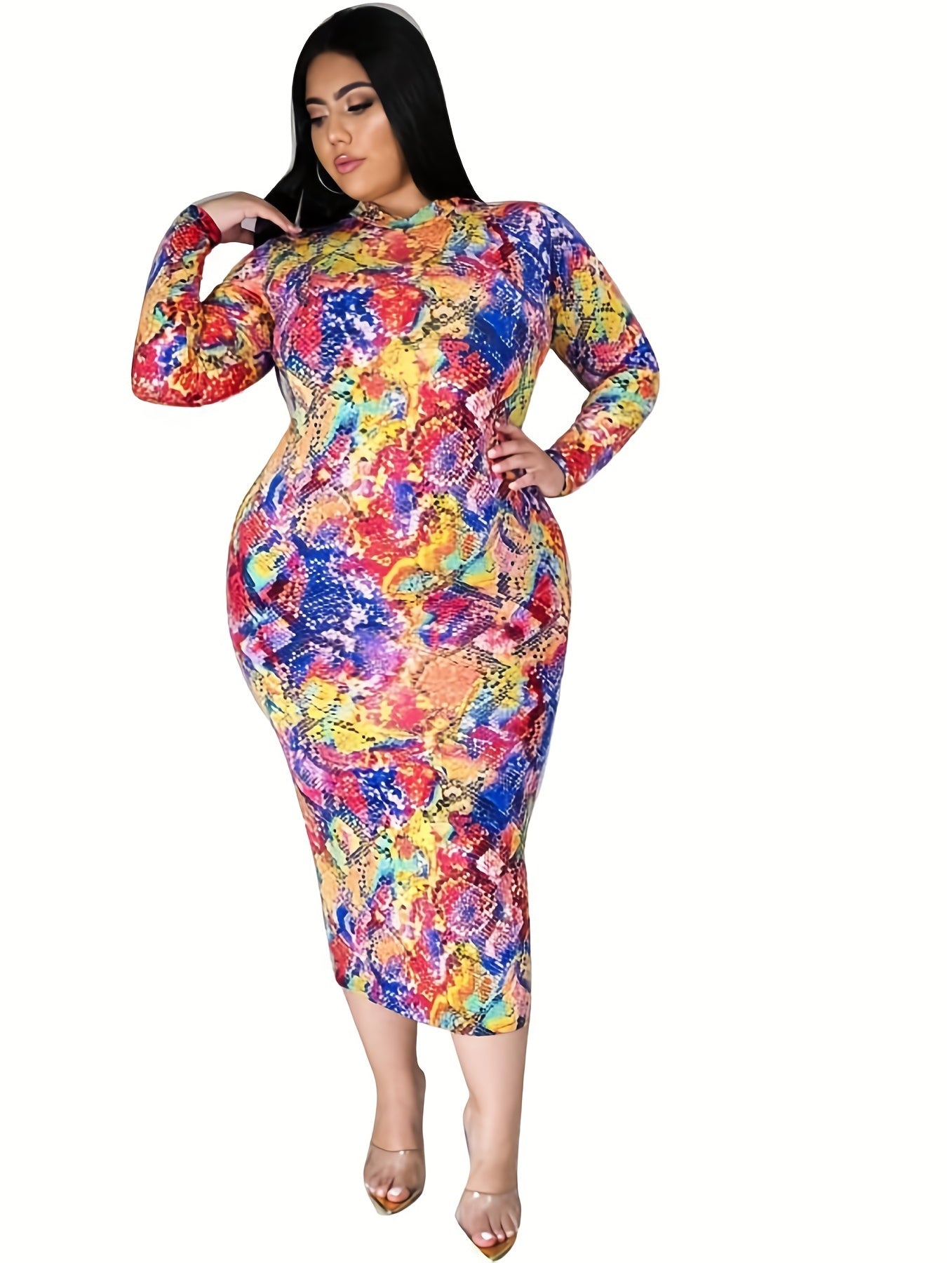 Women's Plus Snakeskin Print Long Sleeve Mock Neck Dress