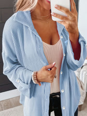  Corduroy Roll Up Sleeve Button Up Collar Top