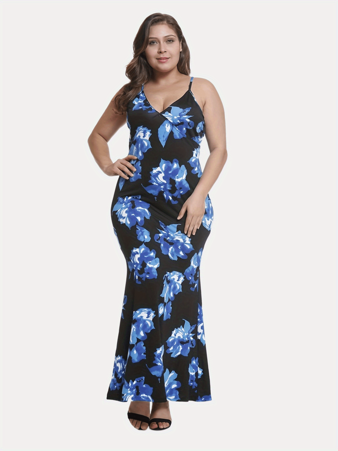Plus Floral Print Stretch Cami Mermaid Dress