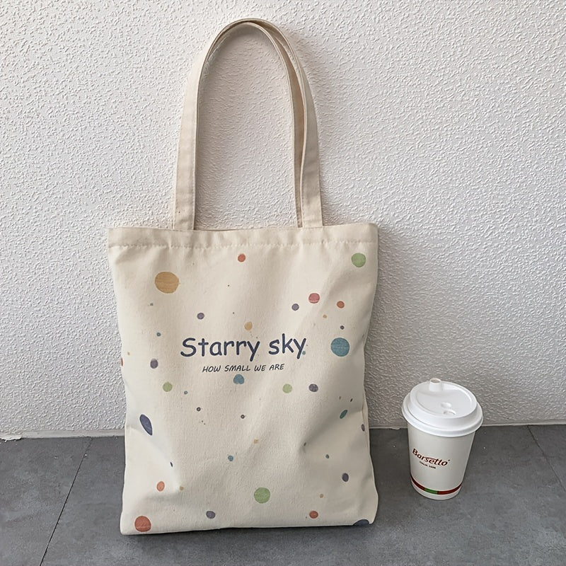 Starry Sky Pattern Canvas Zipper Tote Bag for School & Shopping