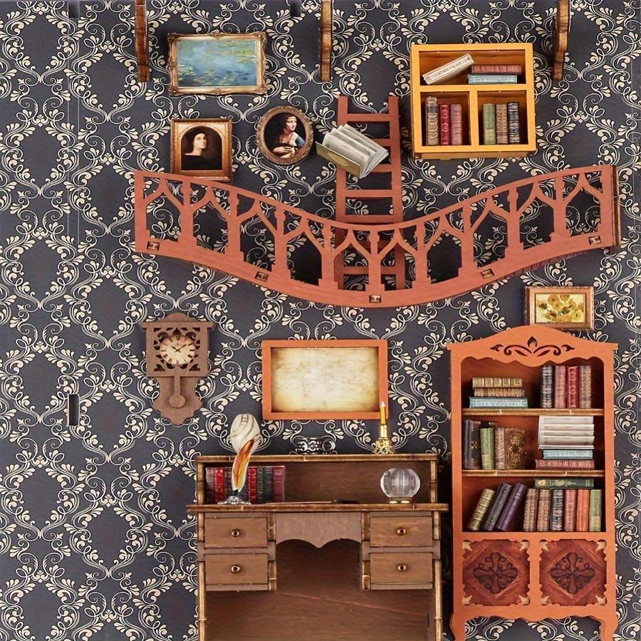 Mini Dollhouse Book Stand Set 3D Wooden Toy Puzzle Garden House Desktop Ornament
