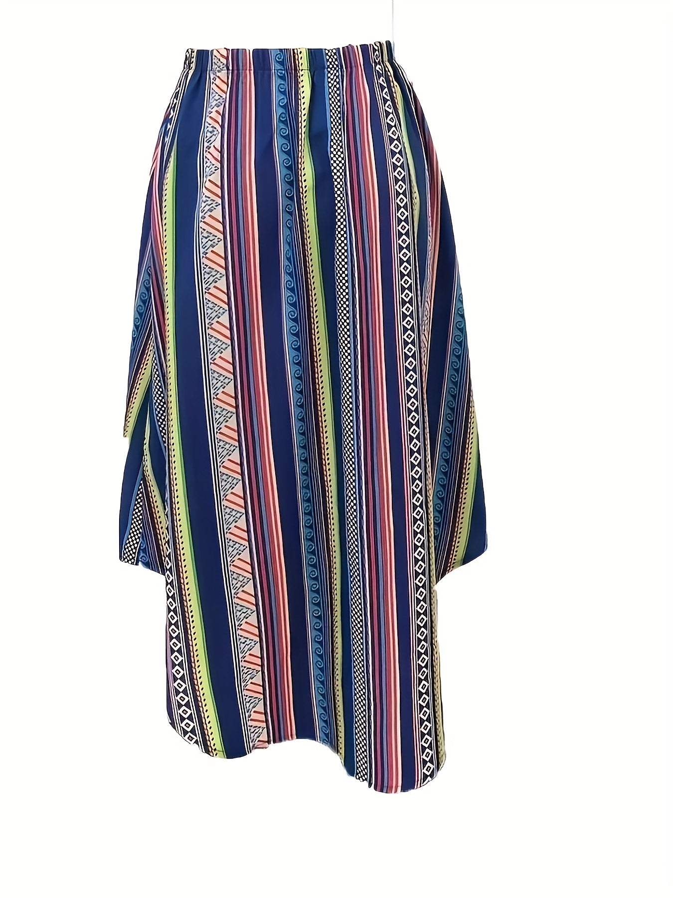  Boho Maxi Skirt Women's Tribal Striped Elastic Waist Pleated
