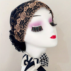 Vintage Lace Flower Embroidery Turban Cap Mesh Hijab Head Scarf