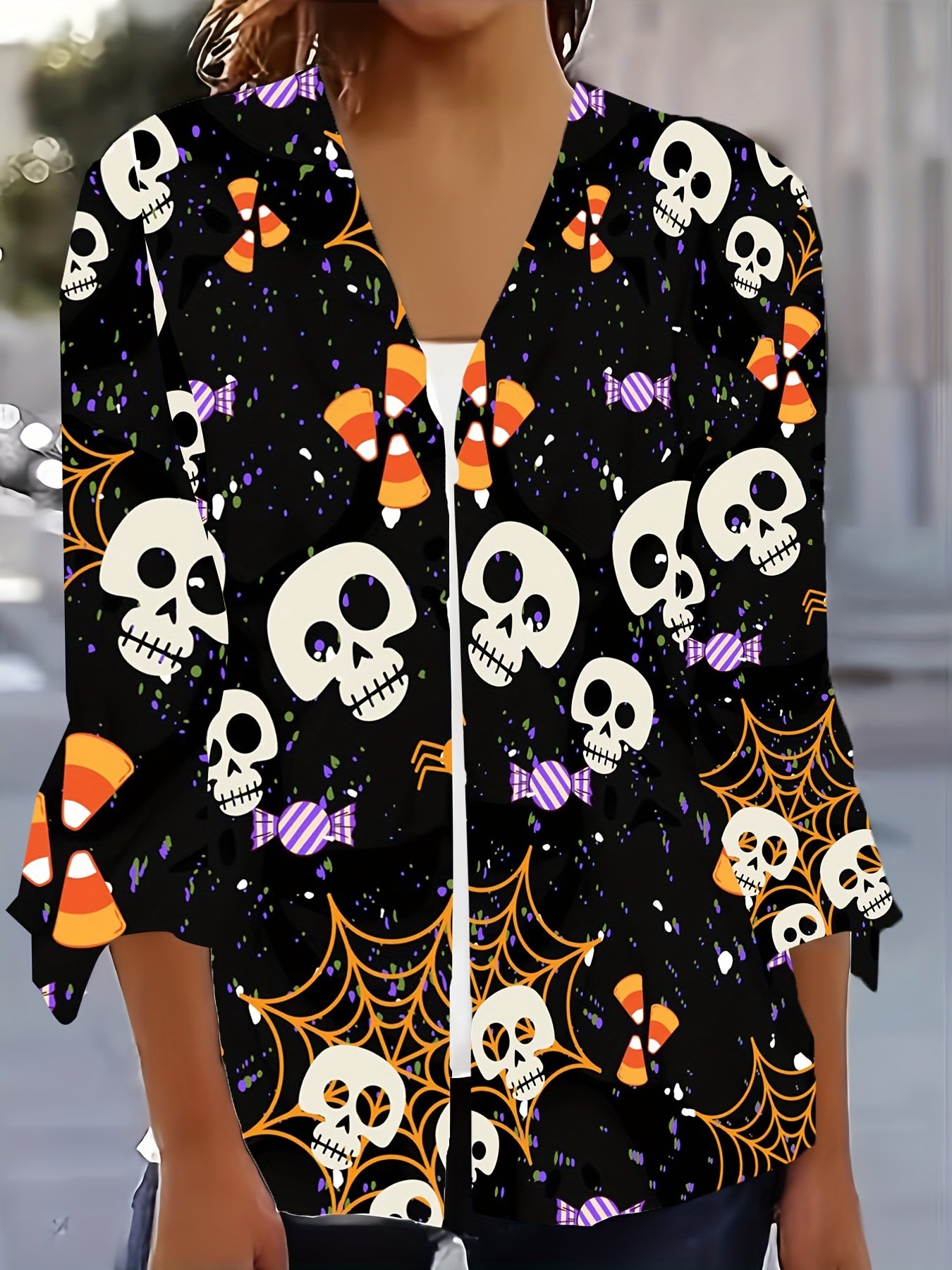  Web & Skull Print Bell Sleeve Cardigan