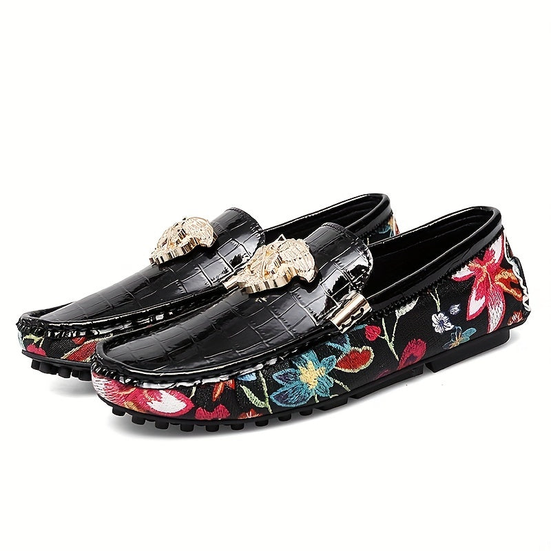 Men's Floral Slip On Loafers Metal Decor Rubber Sole Shoes
