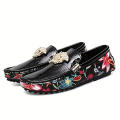 Men's Floral Slip On Loafers Metal Decor Rubber Sole Shoes