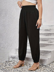  Solid Shirred Waist Jogger Trousers With Pockets